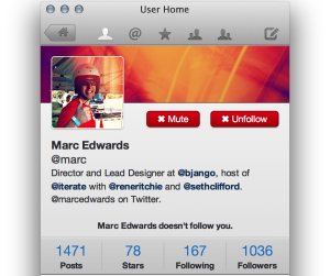 User Home: view a user's profile and recent posts. Of course @marc makes a screenshot appearance.